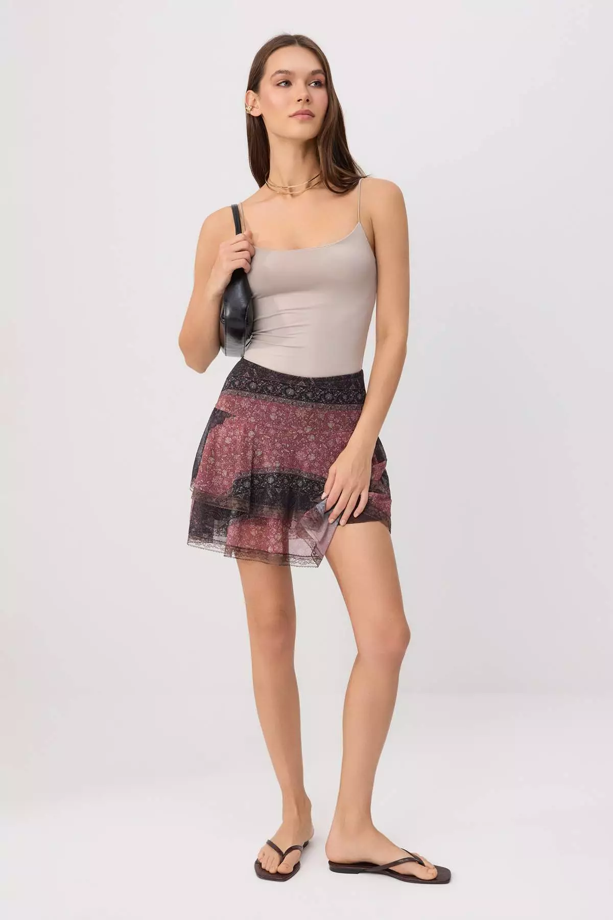 Brown Shawl Pattern Shorts Skater Lace Detailed Regular Waist Mini Tulle Knitted Skirt Twoss26Et00091