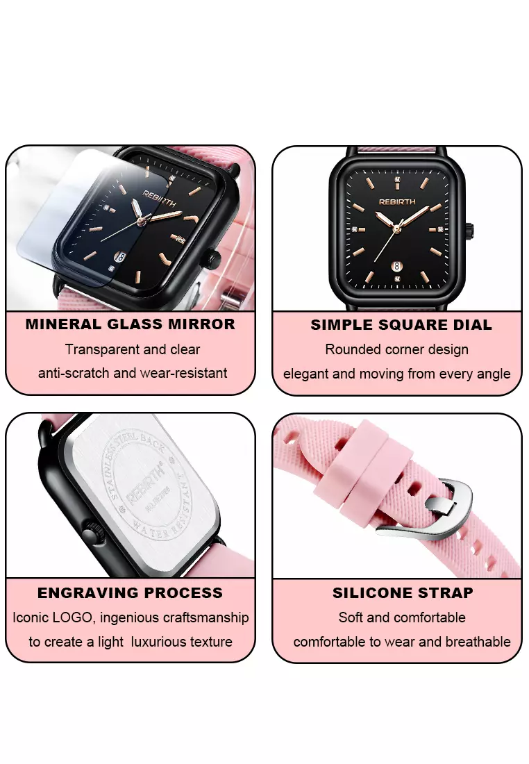 Jam Tangan Wanita Original Square Anggun Tali Silikon Anti Air Merah Jambu