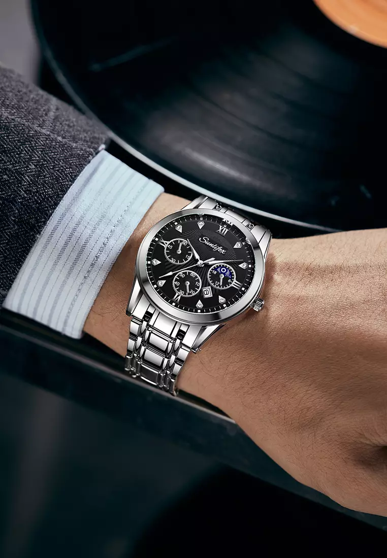 Jam Tangan Pria Original 9004A Kuarsa Calendar Tali Stainless Steel Mode Santai Jam Tangan Cowok silver black