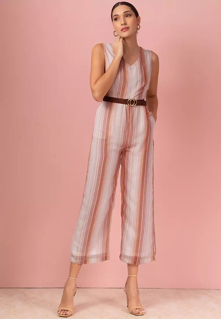White And Brown Striped Jumpsuit With Belt