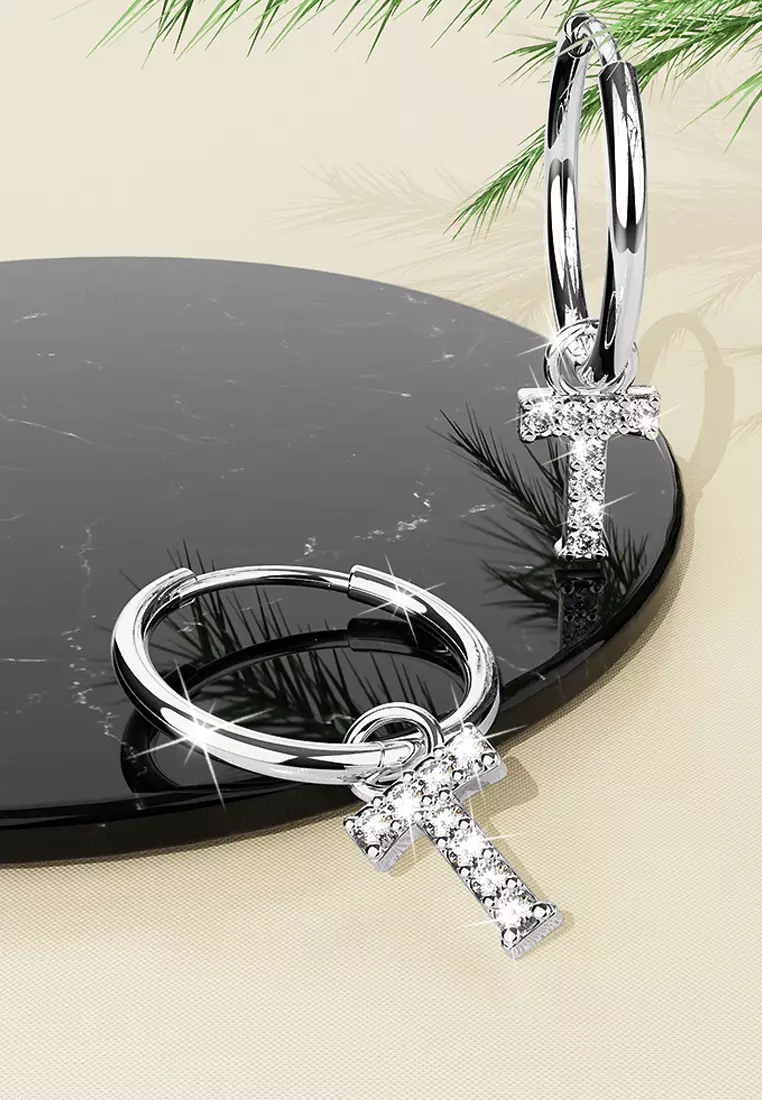 Solid 925 Sterling Silver Octavia Alphabet Letter Zircon Huggie Earrings Silver - T