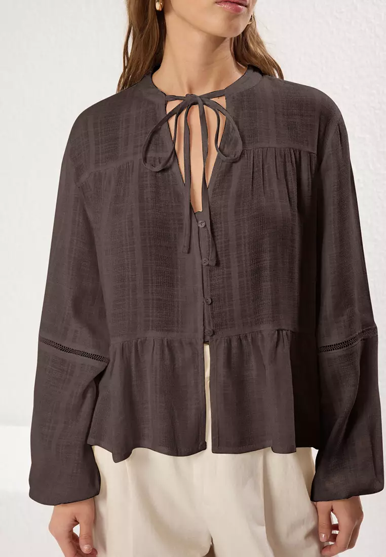 Brown Cotton Textured Fabric Laced Sleeve Regular Regular Pattern Woven Shirt TWOSS25GO00038