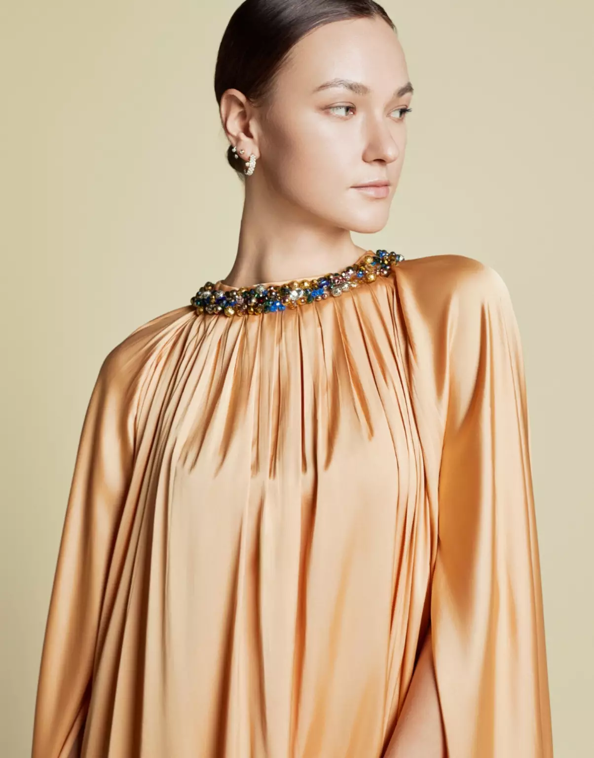 Demure Signature - Crystal Embellished Cape Kaftan in Italian silk Twill Light Peach - Dress