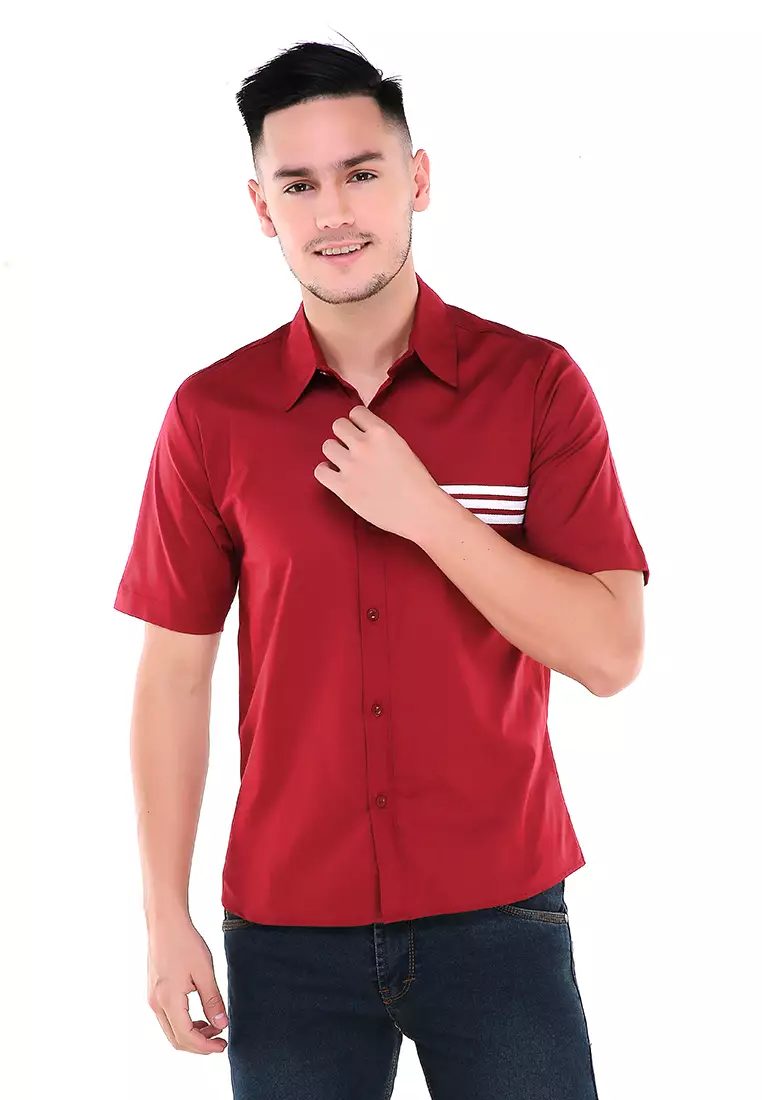 Dwan Atasan Kemeja Pria Three Lines Slim Fit Casual Shortsleeve Shirt Material Cotton ORIGINAL - Maroon