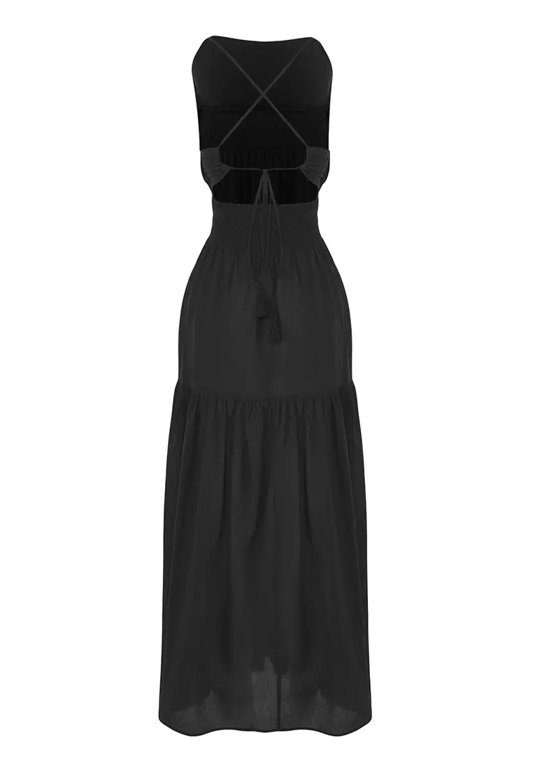 Black Oversized Maxi Woven 100% Cotton Beach Dress TBESS25EL00125