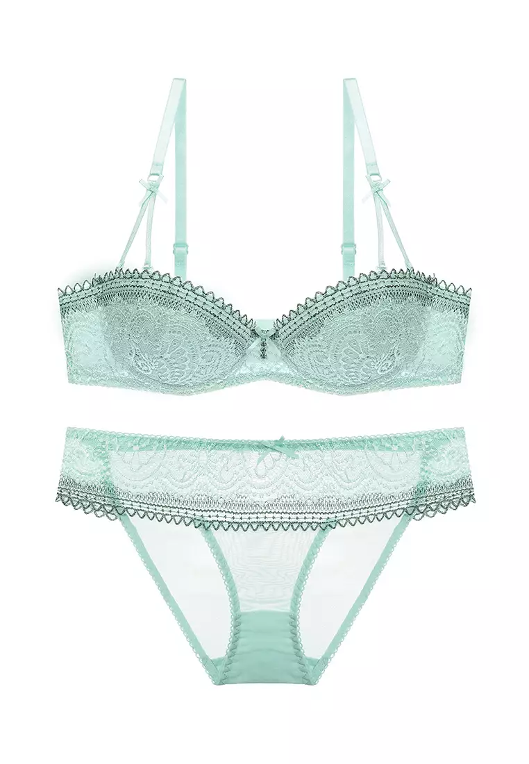 Women's Sassy 3/4 Cup Ultra-thin Transparent Lace Lingerie Set (Bra And  Underwear) - Green
