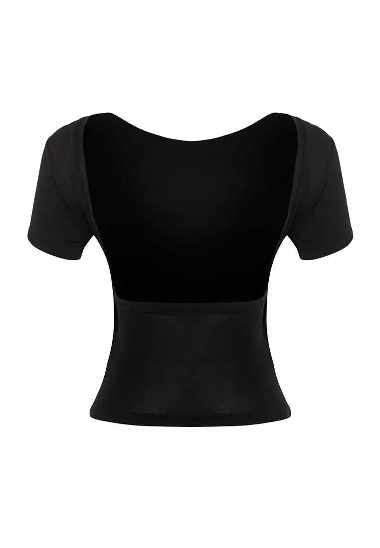 Black Backless Chest Padded Fitted/Body-Smoothing Knitted Blouse TWOSS25BZ00468