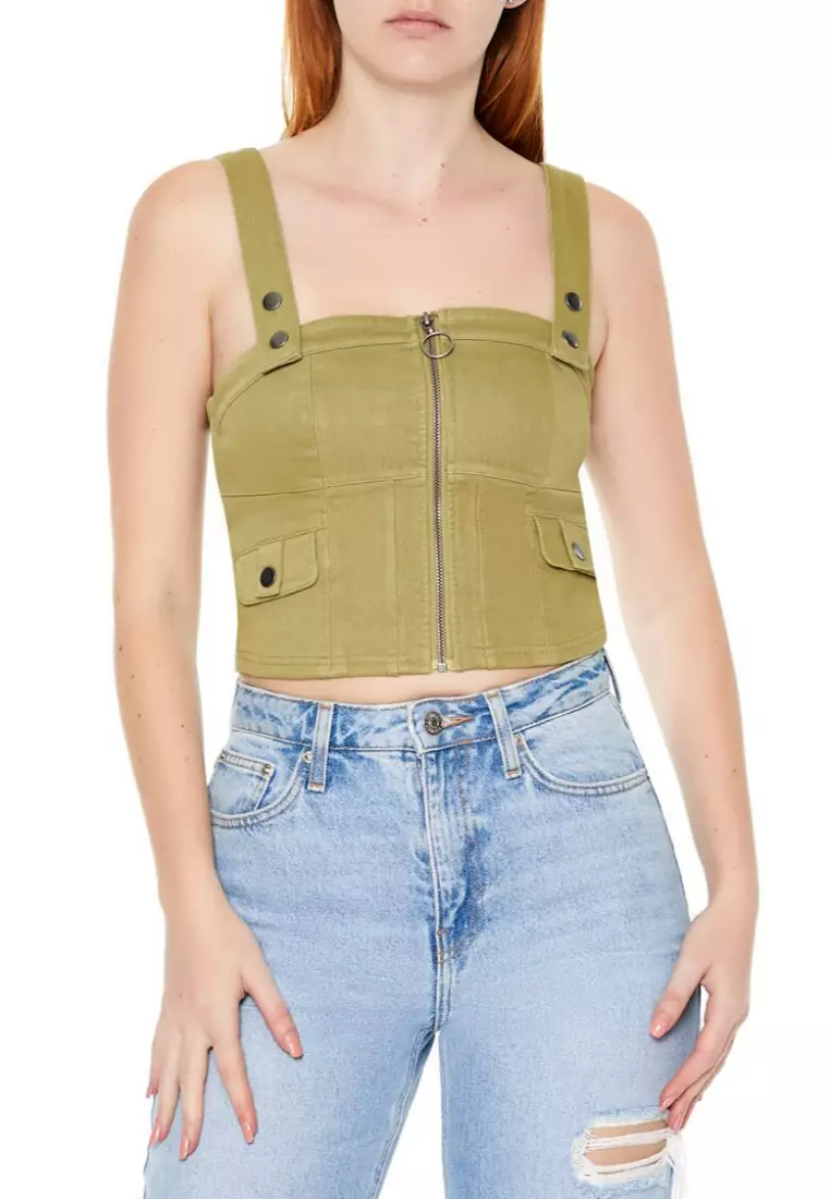 Denim zip up crop top sales
