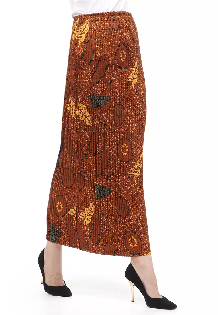Rok Plisket Motif Batik Bawahan Wanita Design Casual - Daun
