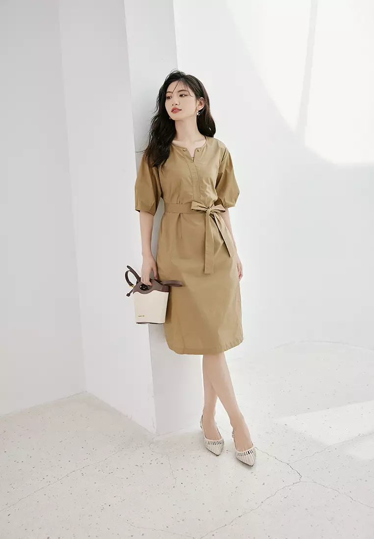 Puff Sleeve V-Neck A-Line Dress with Waist Belt