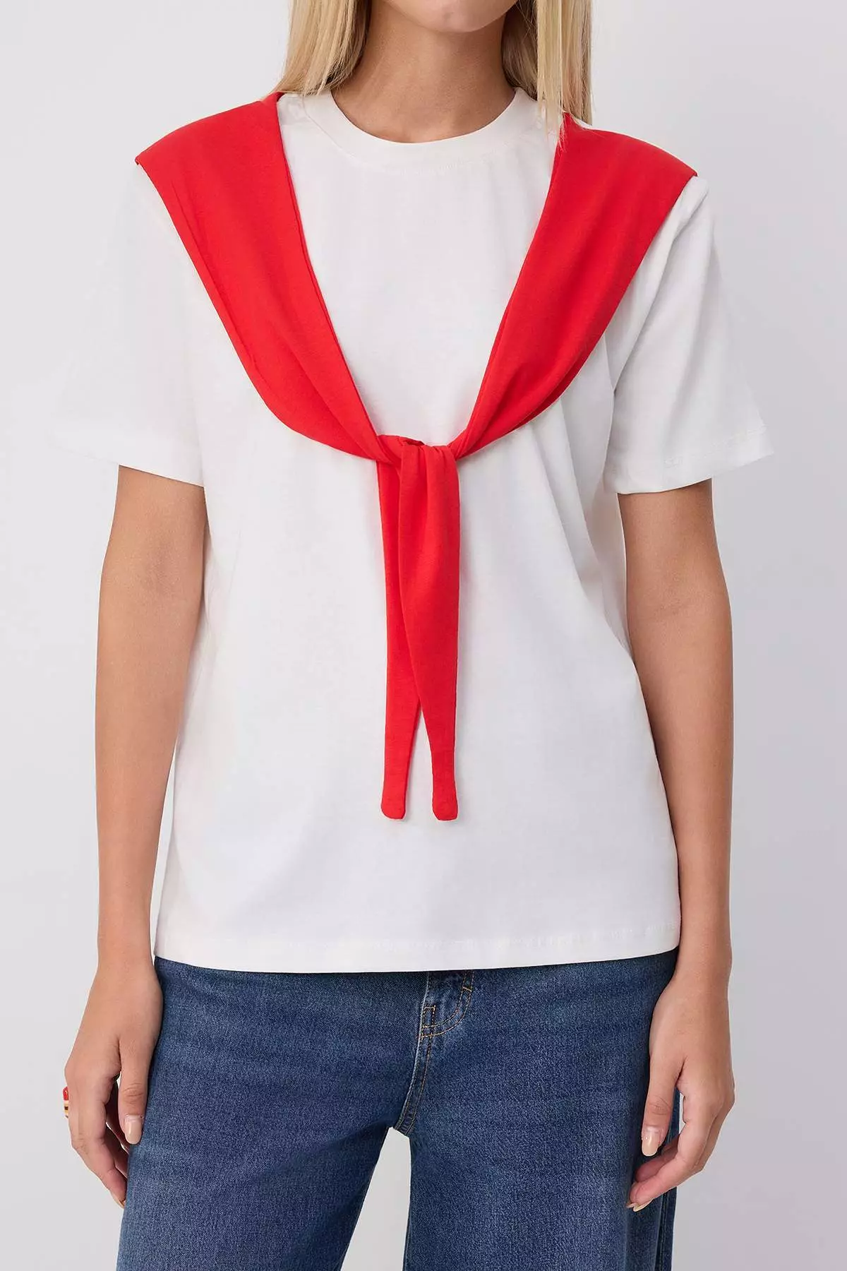 Ecru Plain Oversize Crew Neck T-Shirt With Tie Detail Long Soft Knitted T-Shirt