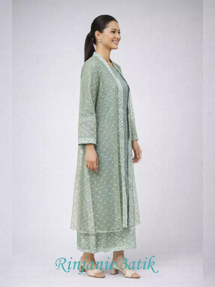 Rinjanie Batik - GMOT GT- Gamis Outer Raya Green Tea- Batik Cap