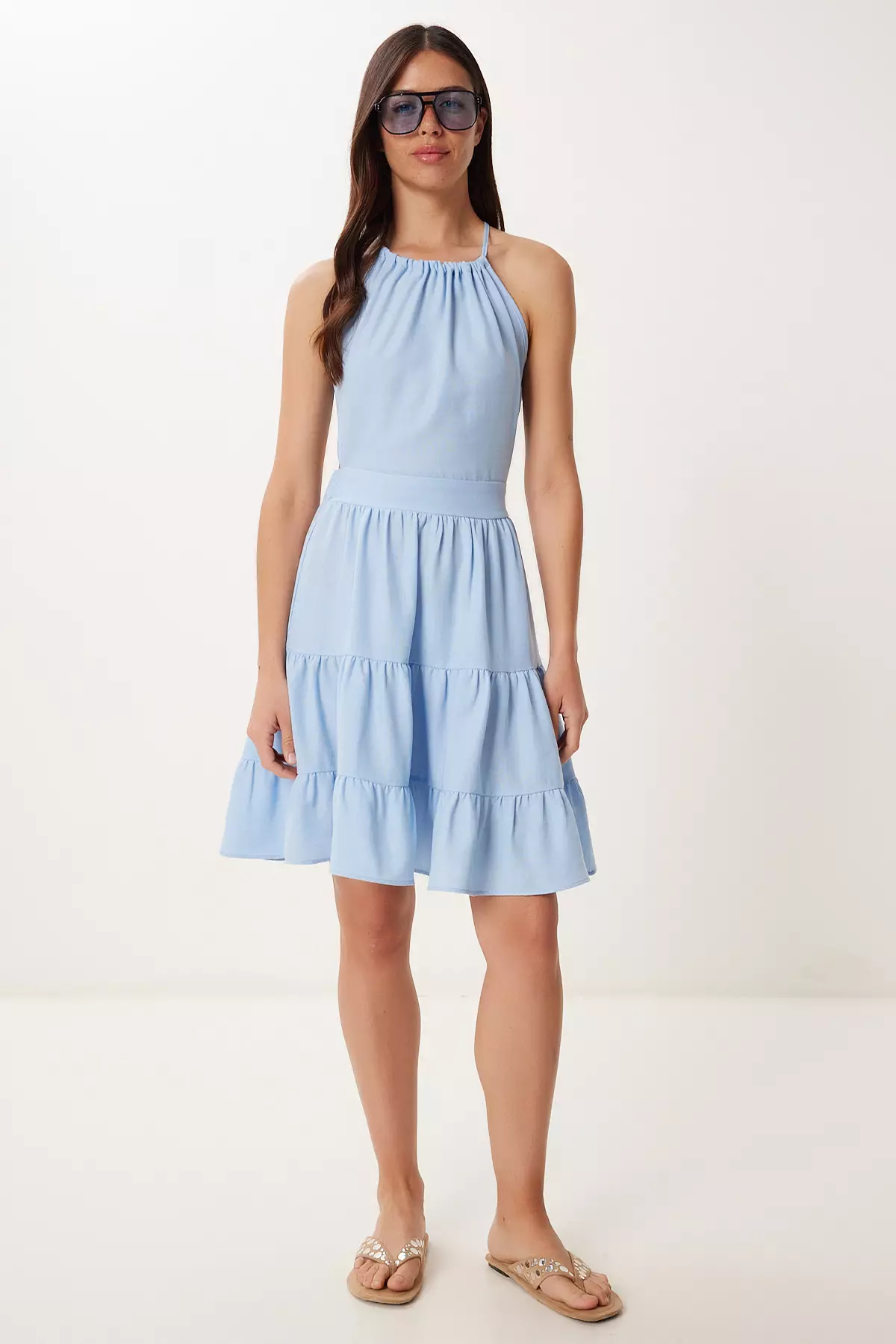 Women's Sky Blue Linen Blend Light See-Through Summer Knitted Dress Gx00010