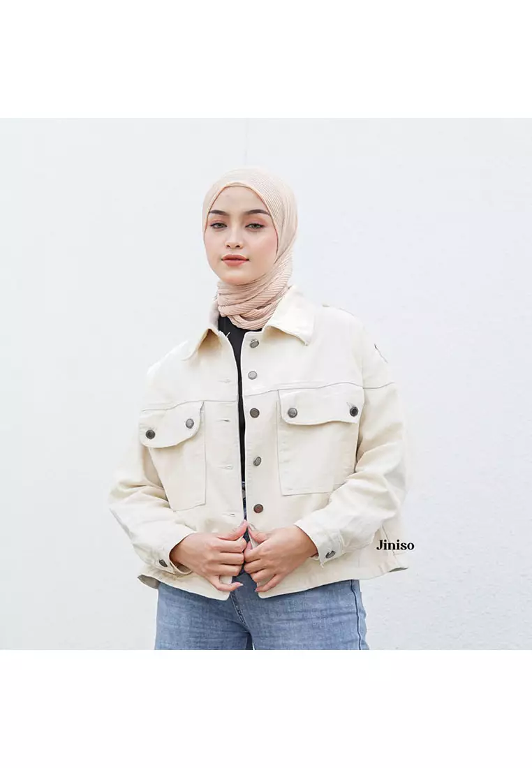 Jaket Crop Jeans Oversize Pocket Khaki