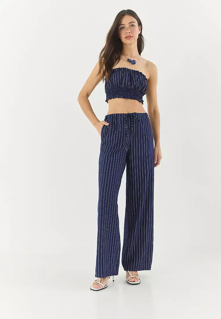 Women's Striped Gipe Detailed Crop Top Waist Drawstring Wide Leg Pants Bottom-Top Suit 60283262