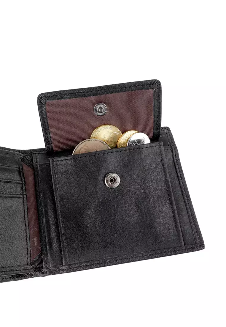 Men's RFID Blocking Tri Fold Wallet with Coin Compartment - Black