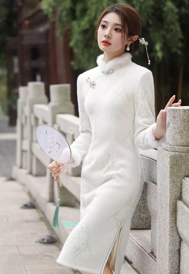 Temperament imitation mink soft mid length cheongsam dress CA122722GR