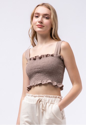 COLORBOX brown Smocked Sleeveless Crop Top 1D89EAA74051F7GS_1