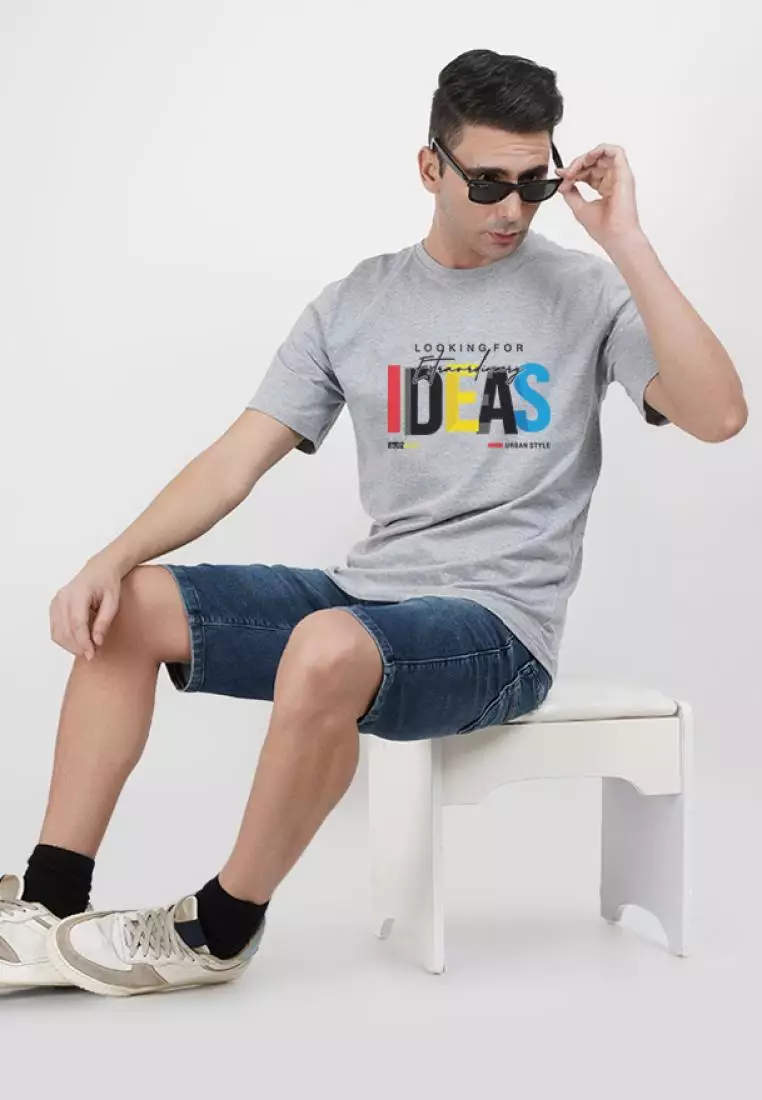 Ideas 图案灰色棉质短袖圆领常规版型 T 恤