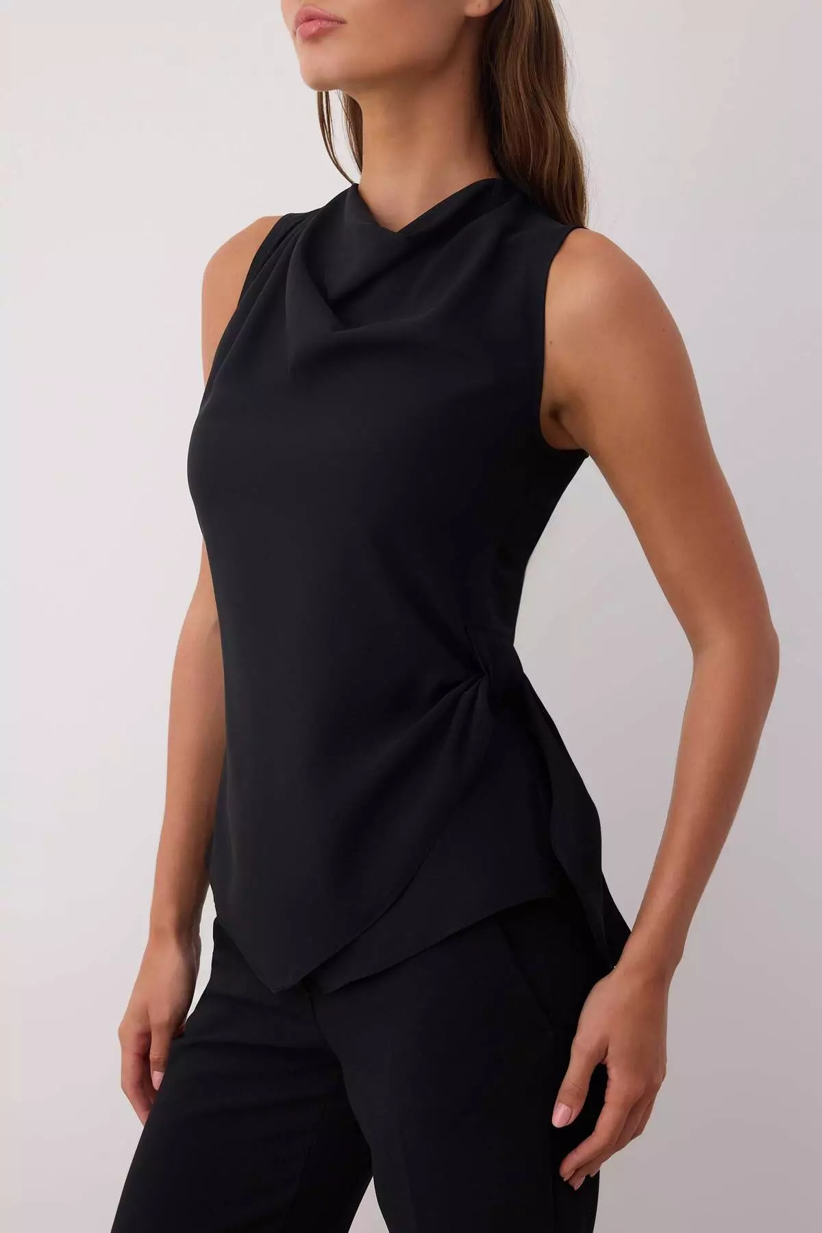 Black Sleeveless Satin Tie Detailed Woven Blouse