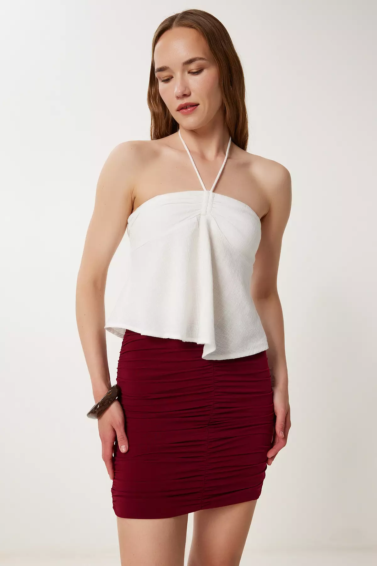 Women's Burgundy Gathered Stretchy Mini Knitted Skirt Wf00131