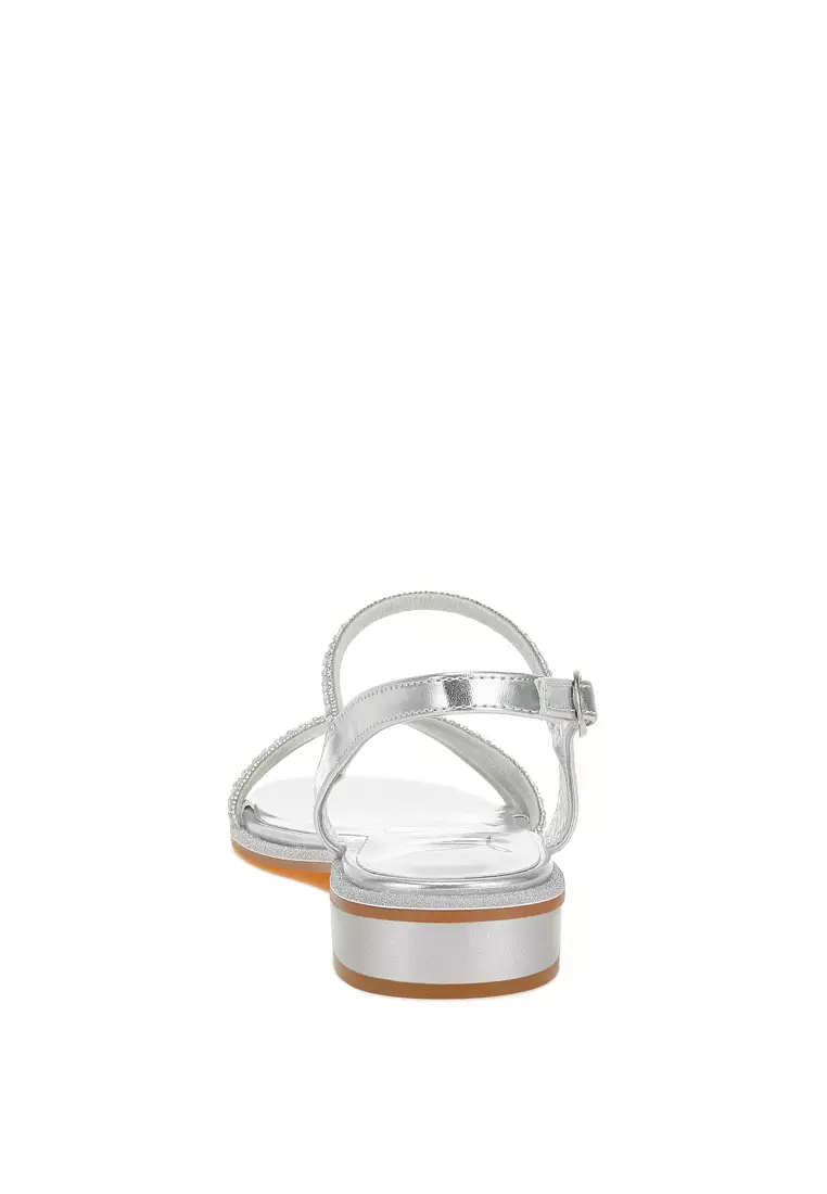 Rhinestone Pearl Detail Flat Sandals in Silver