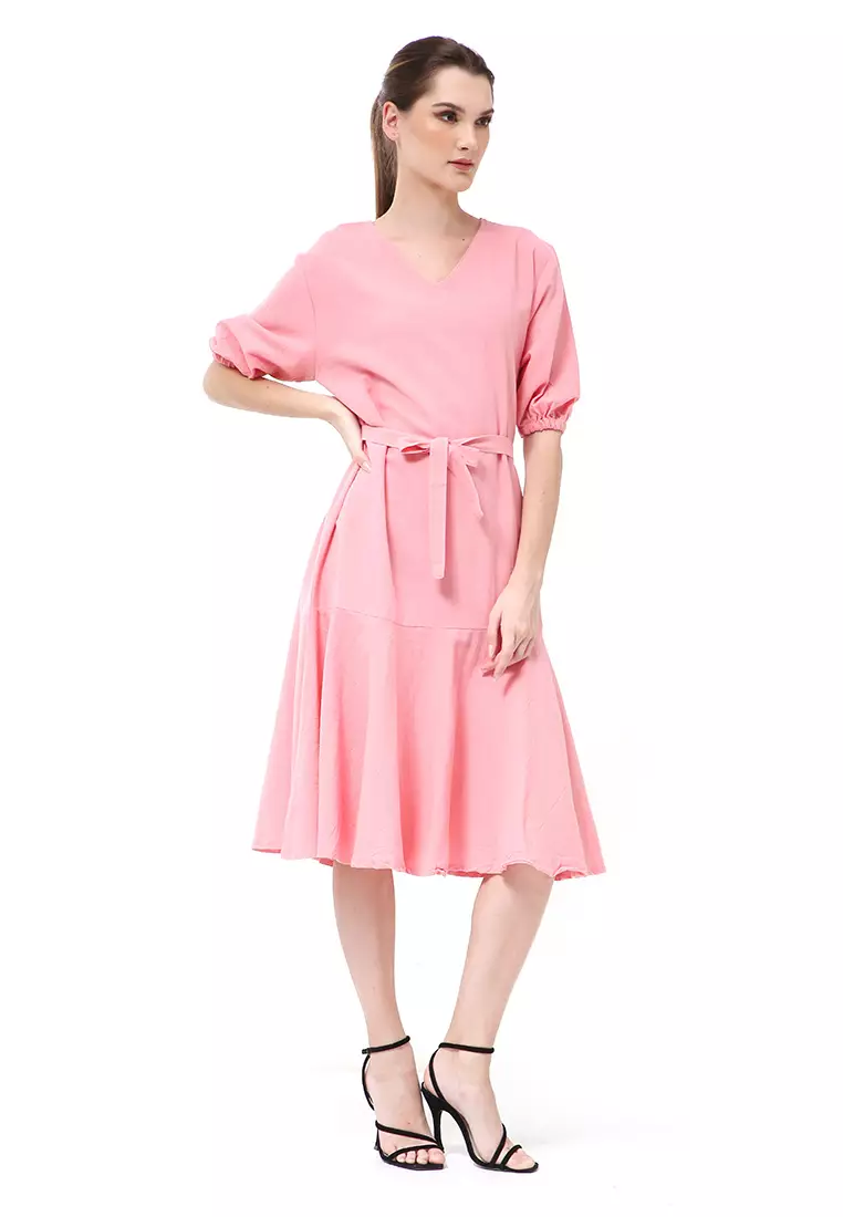 Rachel Midi Dress Ruffle Wanita with Strap Lengan Pendek Material Linen ORIGINAL - Pink