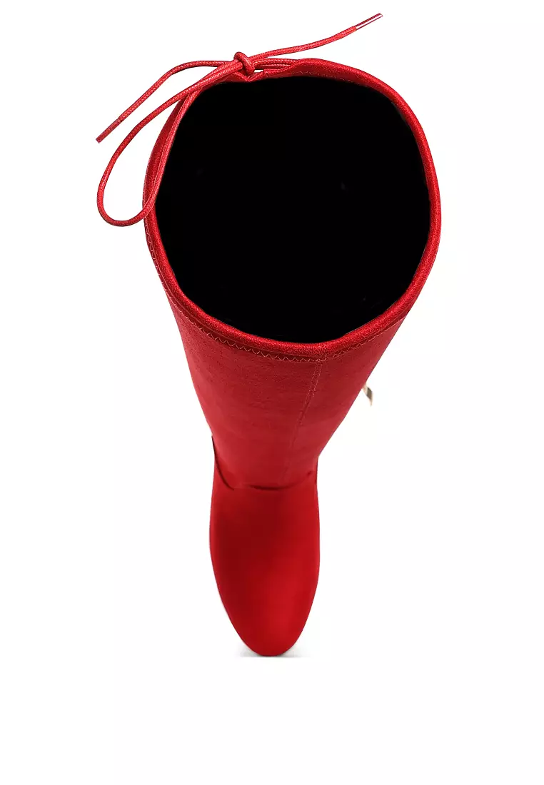 Minimal Drawstring Detail Knee-High Boots in Red