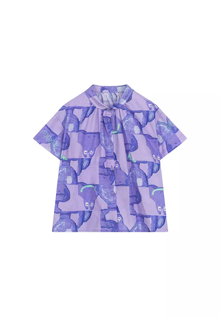 女小童短袖衬衫满底印花领圈抽褶趣味衬衣