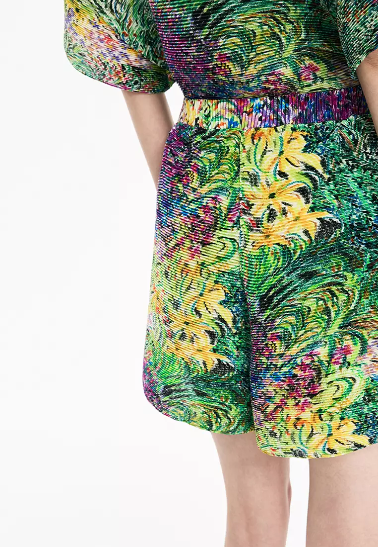 混纺图案元素阔腿卷边短裤