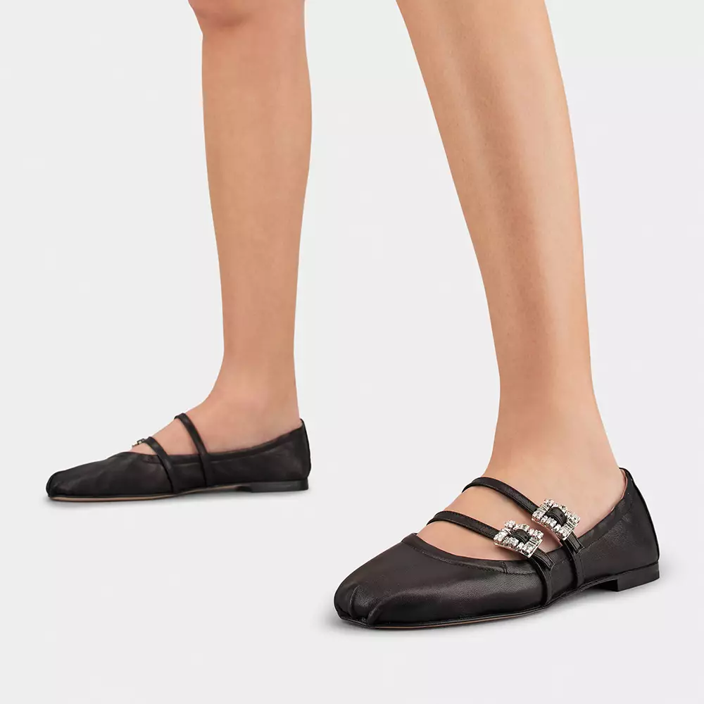[4.4PRIL KEJUTAN HARGA] Mary Janes Crystal Buckle Nappa Leather Flats Black