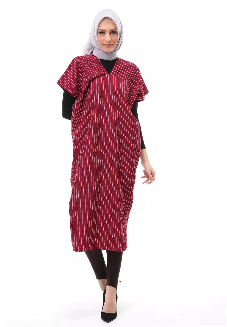 Lolita Long Dress Wanita Kerah V Neck Motif Stripe Free Cuff Regular Fit - Maroon
