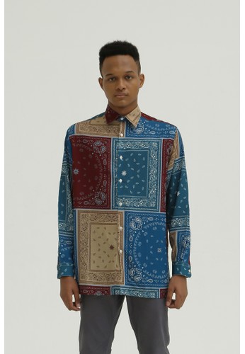 DUE/E red and blue and beige Ikram Long Sleeve Shirt in Carpet 2ADB4AAFD98847GS_1