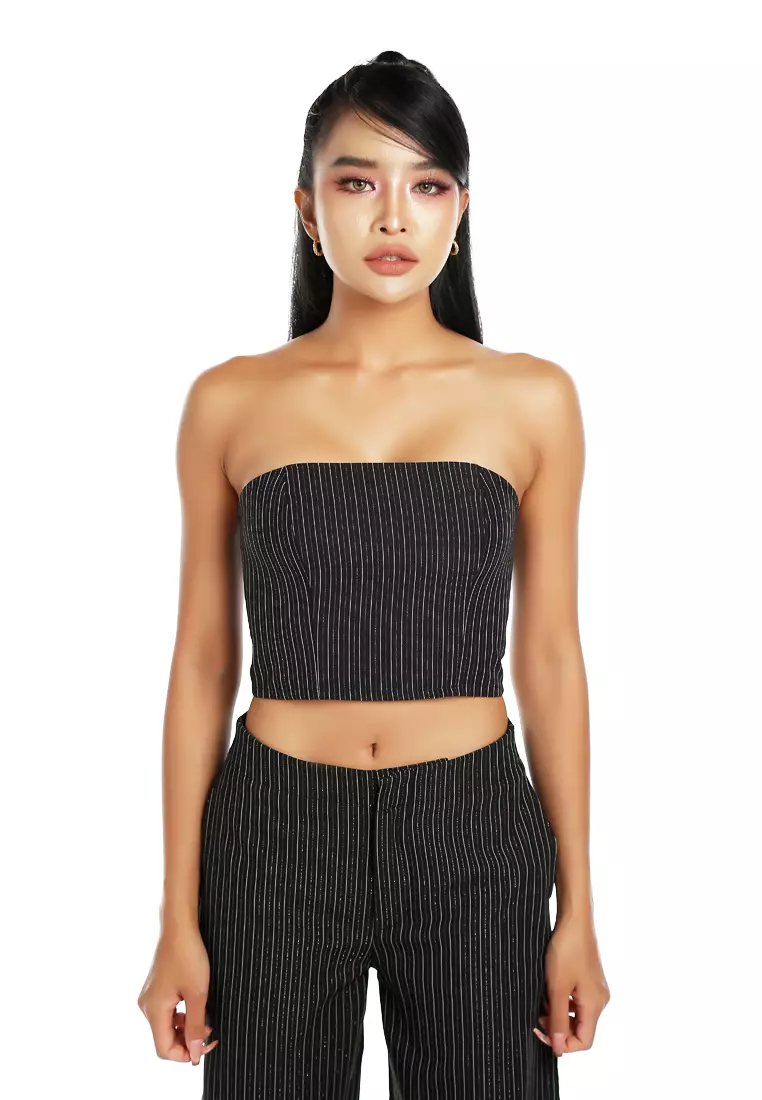 Tailored Glitter Pinstripe Bandeau Top