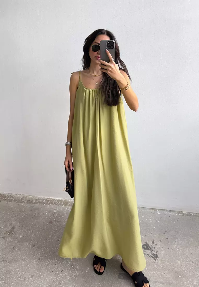 Oil Green Wide Cut Maxi Woven Dress TWOSS25EL00051