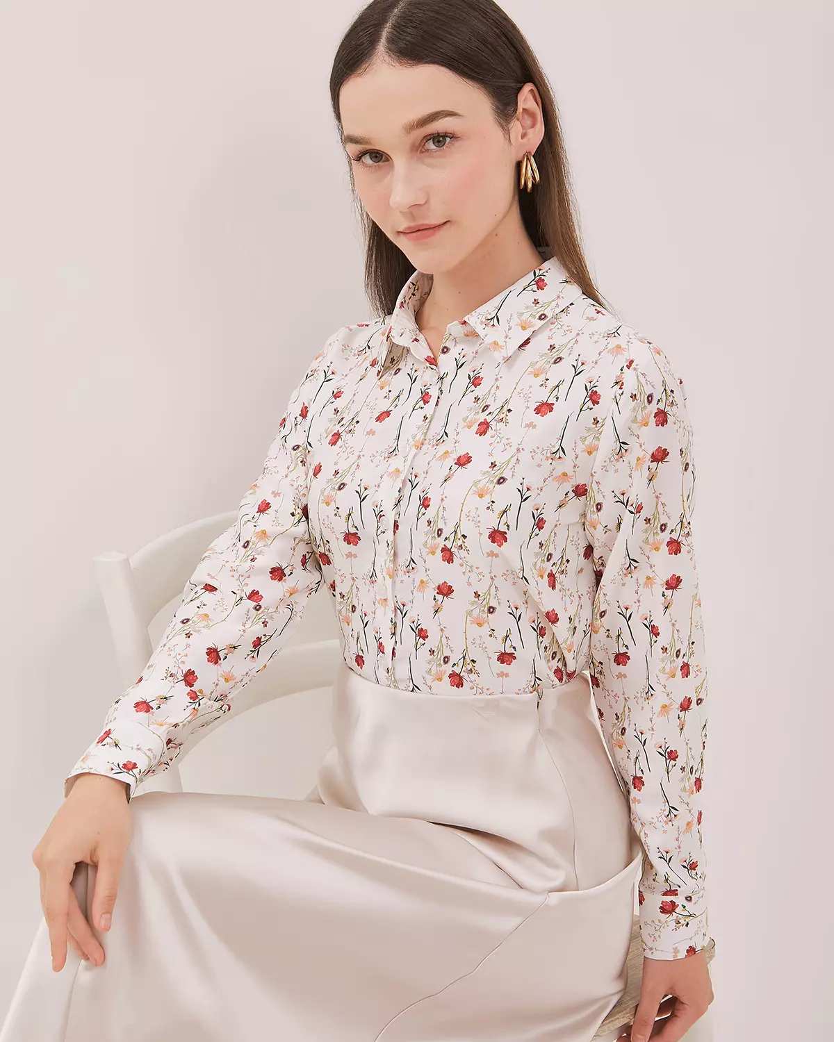 WOMEN'S WHITE FLORAL LONG SHIRT