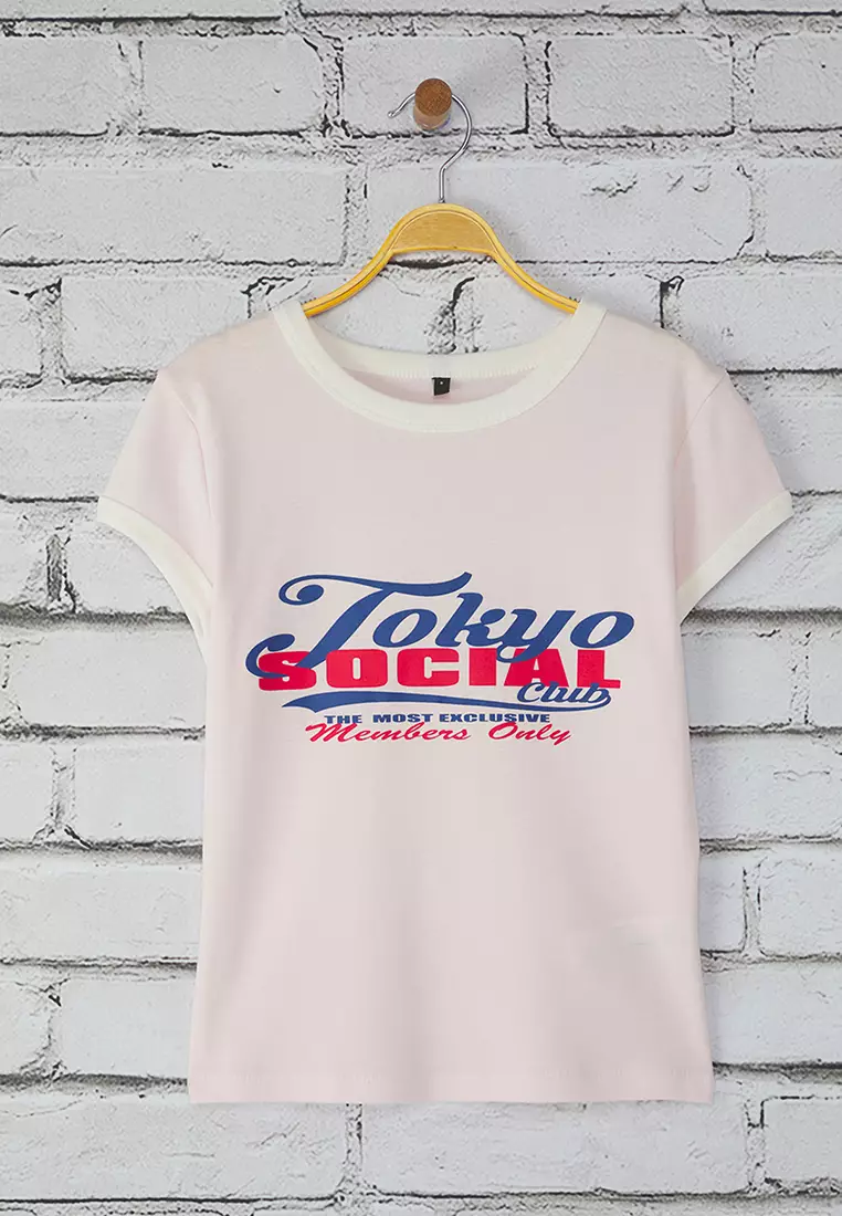 Pink Slogan Print Color Block Fitted Knitted T-Shirt