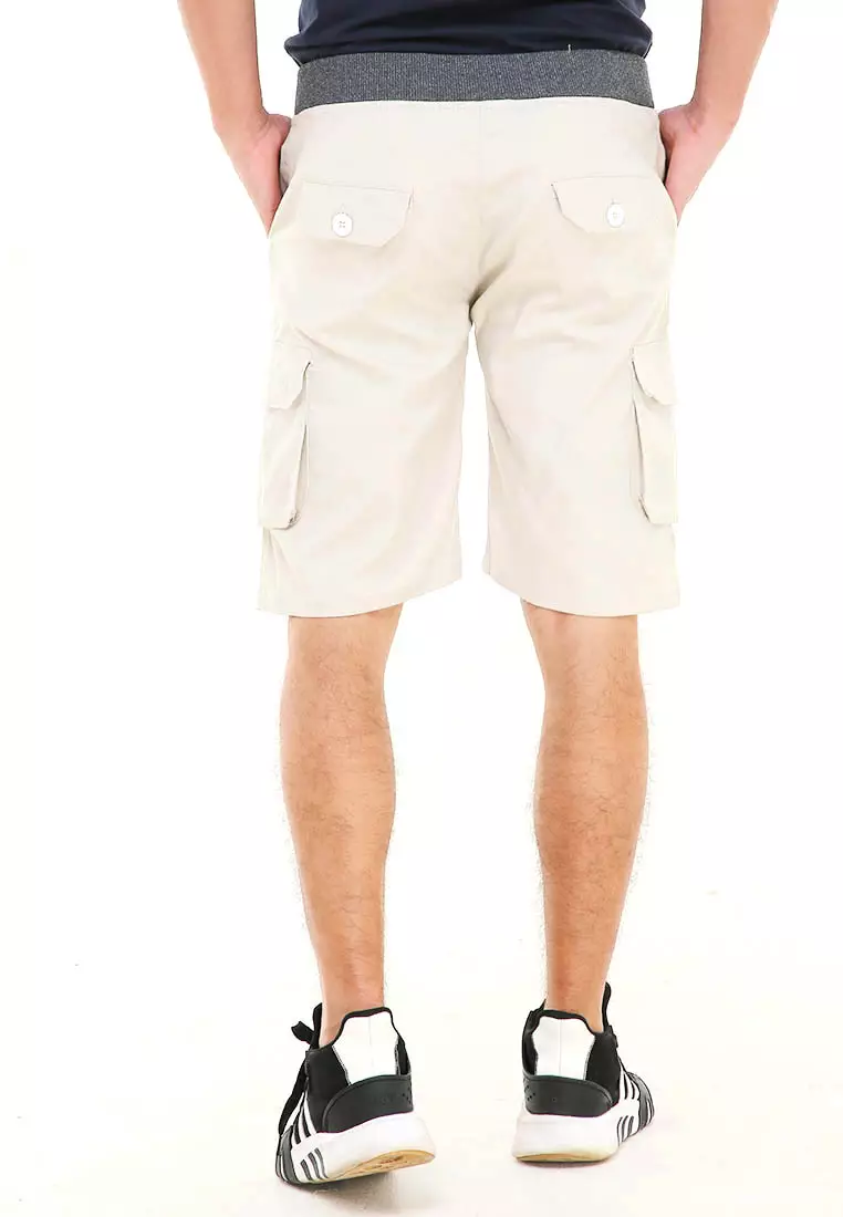 Rishham Celana Pendek Cargo Pria Button Pockets Sporty Short Pants Material Cotton ORIGINAL - Cream