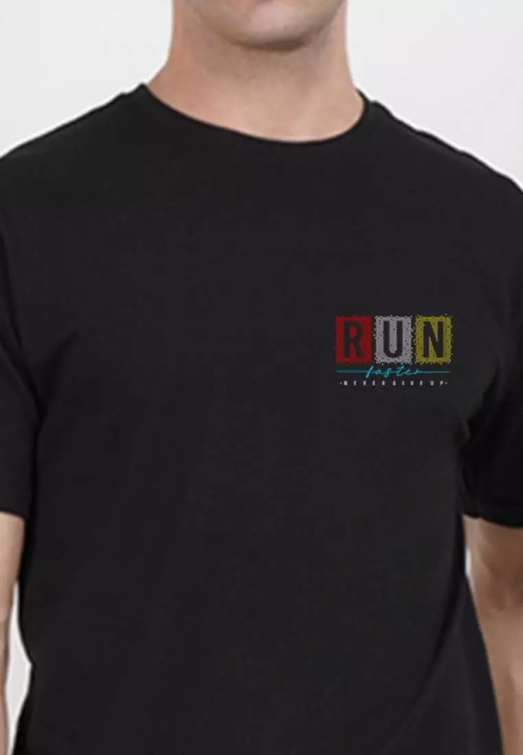 Run Faster 图案黑色棉混纺短袖跑步/训练 T 恤