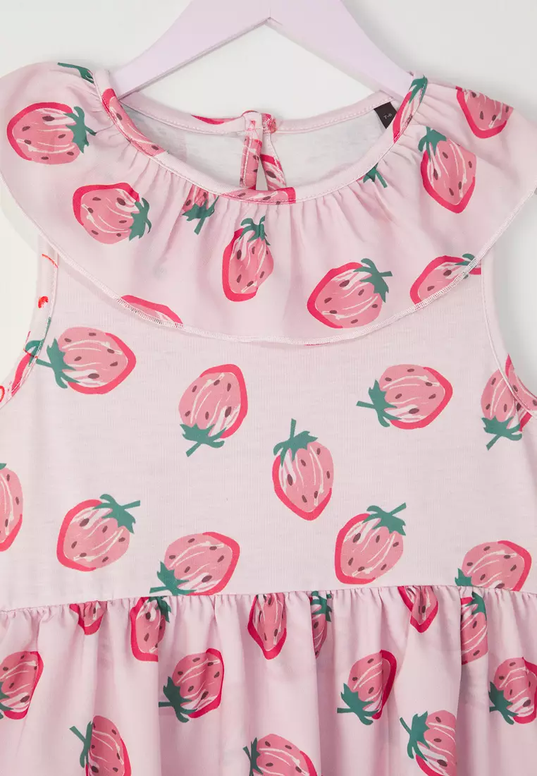 Pink Girl Strawberry Patterned Short Sleeve Mini Eid Knitted Dress Tkdss25El00066