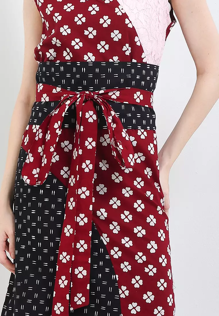 Dress Atasan Wanita Lurik Garutan Eksklusive Janitra Lining Imlek Cheongsam Luna Tanpa Lengan Merah Maroon