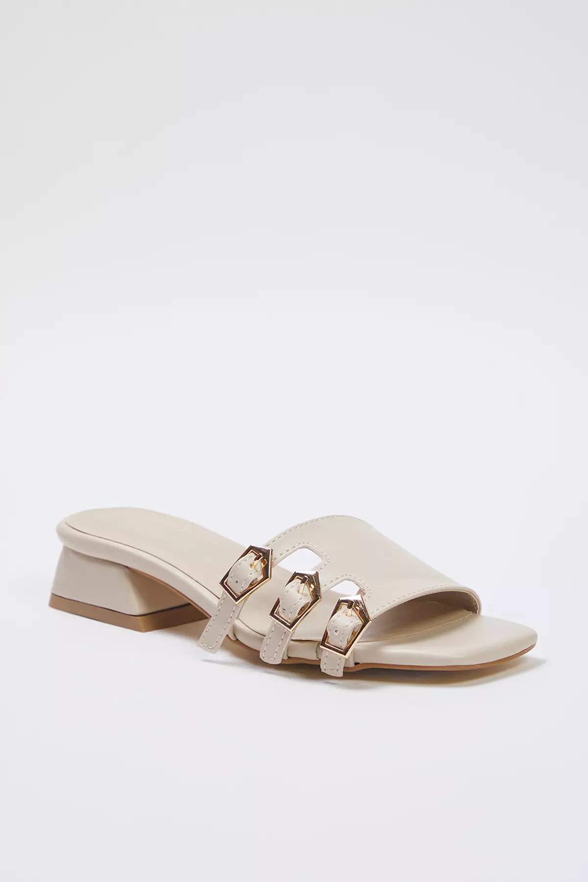 Beige Gold Buckle Block Heel Women Heels Slippers Takss25To00036