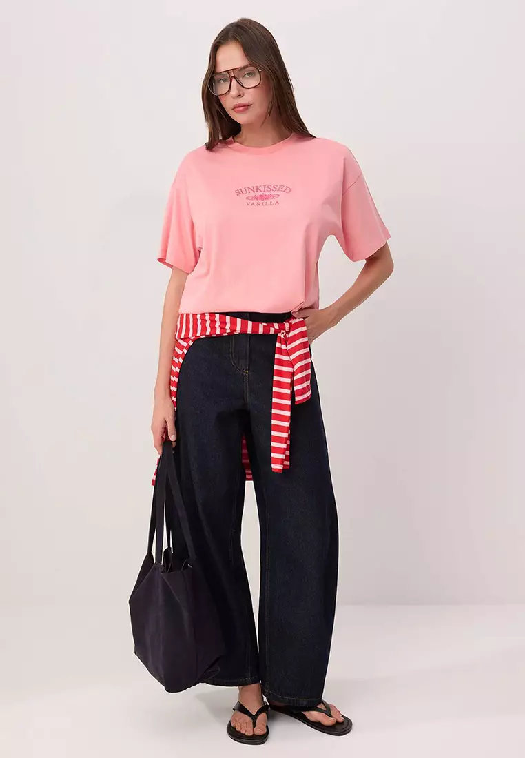 Pink Slogan Oversize Crew Neck Low Sleeve Short Long 1% Cotton Knitted T-Shirt Twoss26Ts21