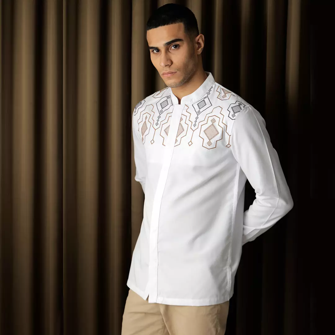 Kemeja Tangan Panjang Koko Collarless Nizam Bordir Ethnic White