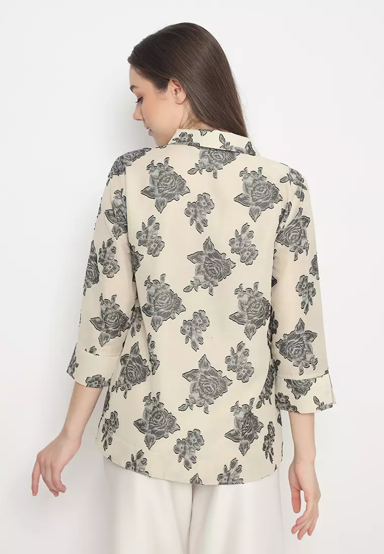 Shirt With Rose Pattern Green And Cream By Brilliant Girl Warna Cream