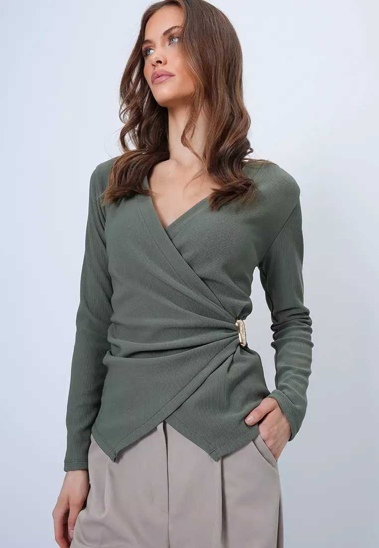 Double-Breasted V-Neck Brooch Detailed Blouse