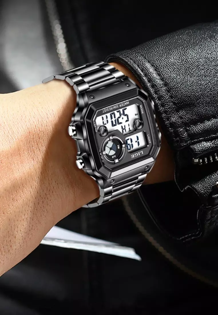 Unisex Digital IP Black Stainless Steel Watch on IP Black Steel Bracelet