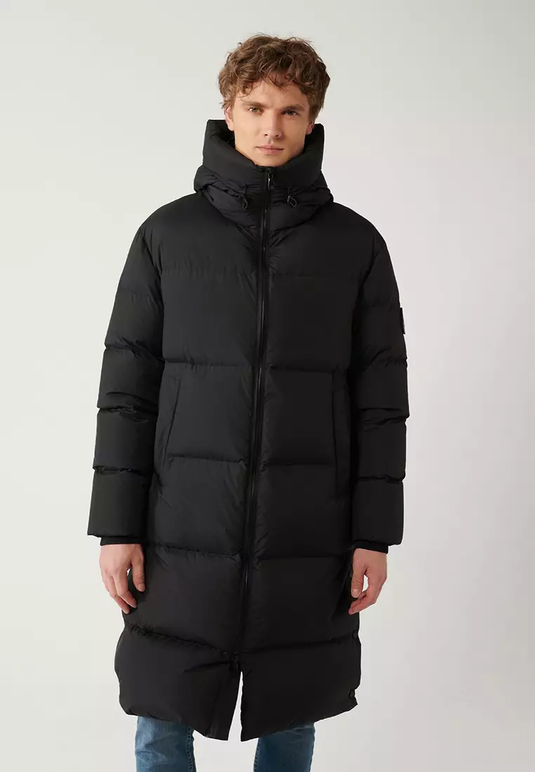 Men's Black Goose Down Water Repellent Windproof Hooded Long Puffer Coat A32Y6021