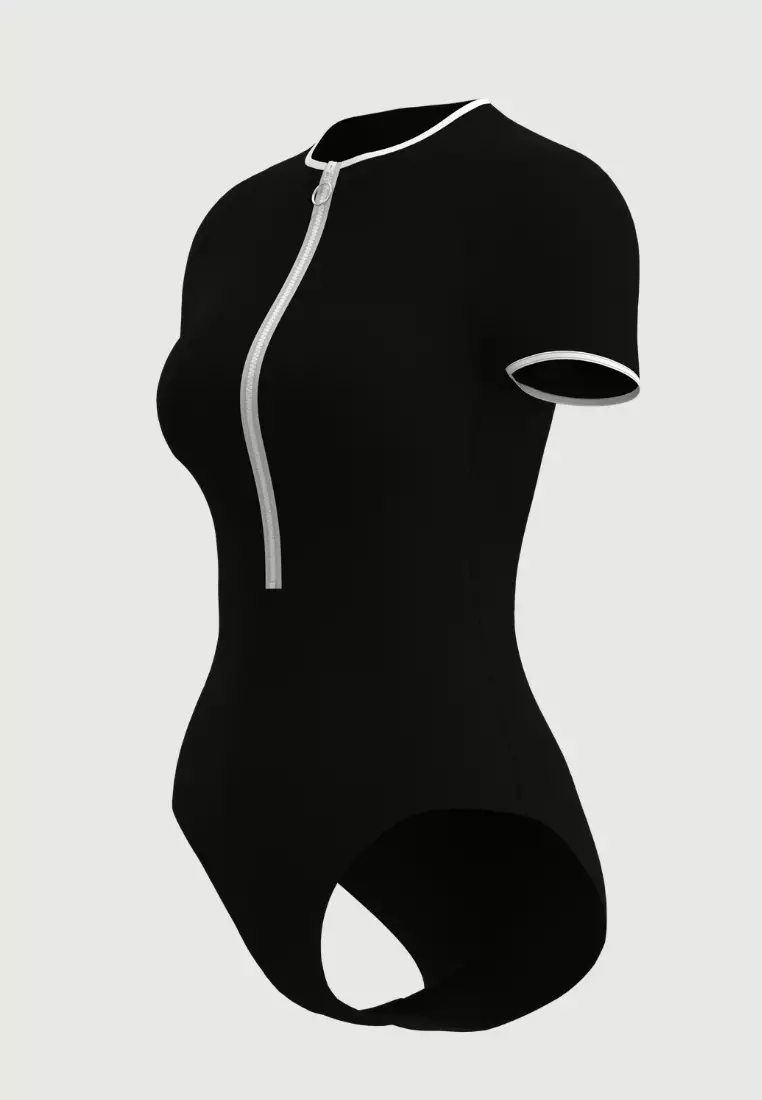 Soulistic Solid黑色前置拉鍊短袖連身泳衣