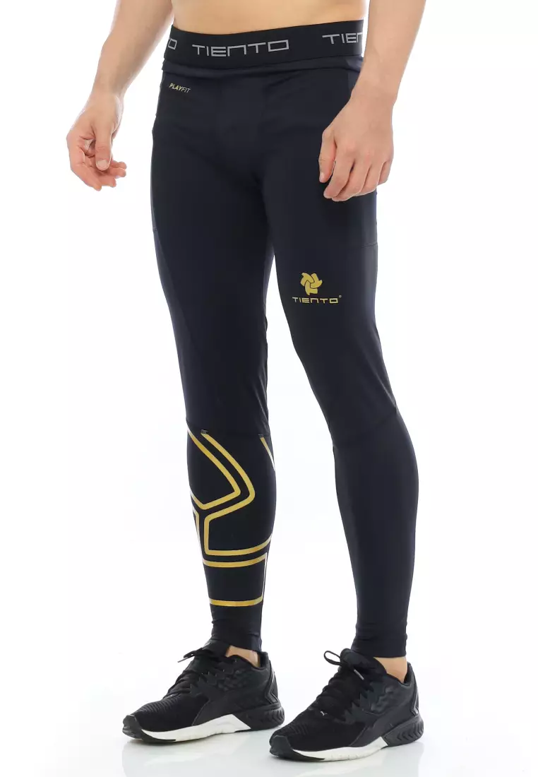 Tiento Baselayer Leging Celana Panjang Ketat Olahraga Pria Legging Sport Long Pants EXO Series Black Gold Men